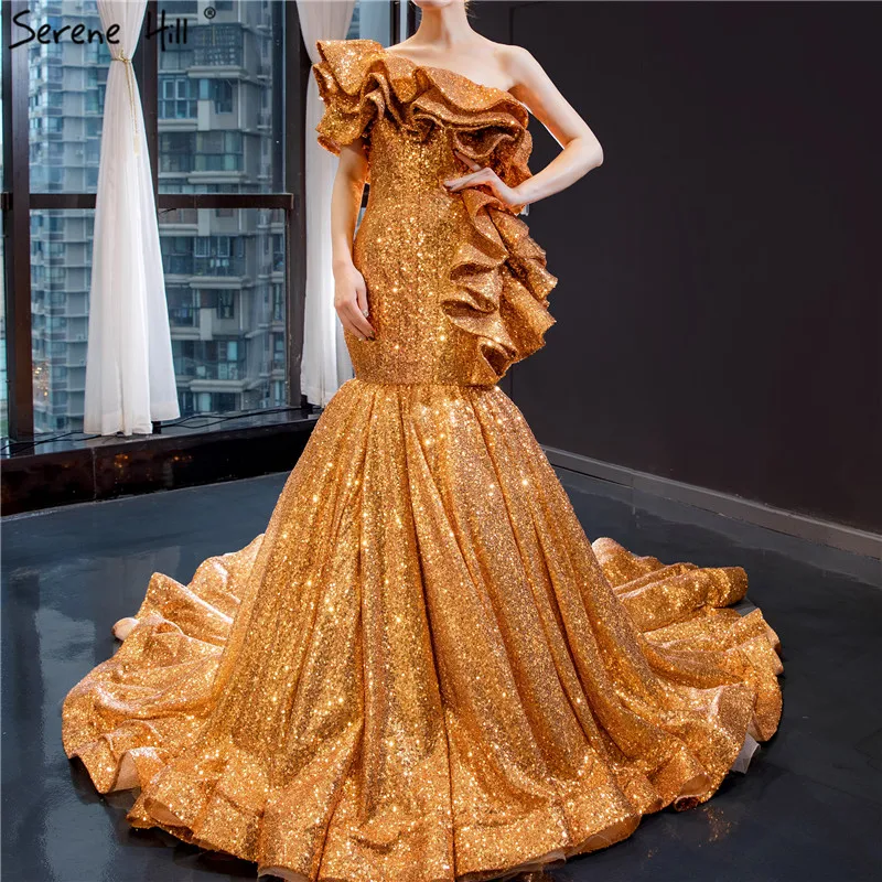 

Gold One Shoulder Mermaid Design Wedding Dresses Sleeveless Sequined Sparkle Sexy Bridal Gowns 2019 Real Picture HM66916