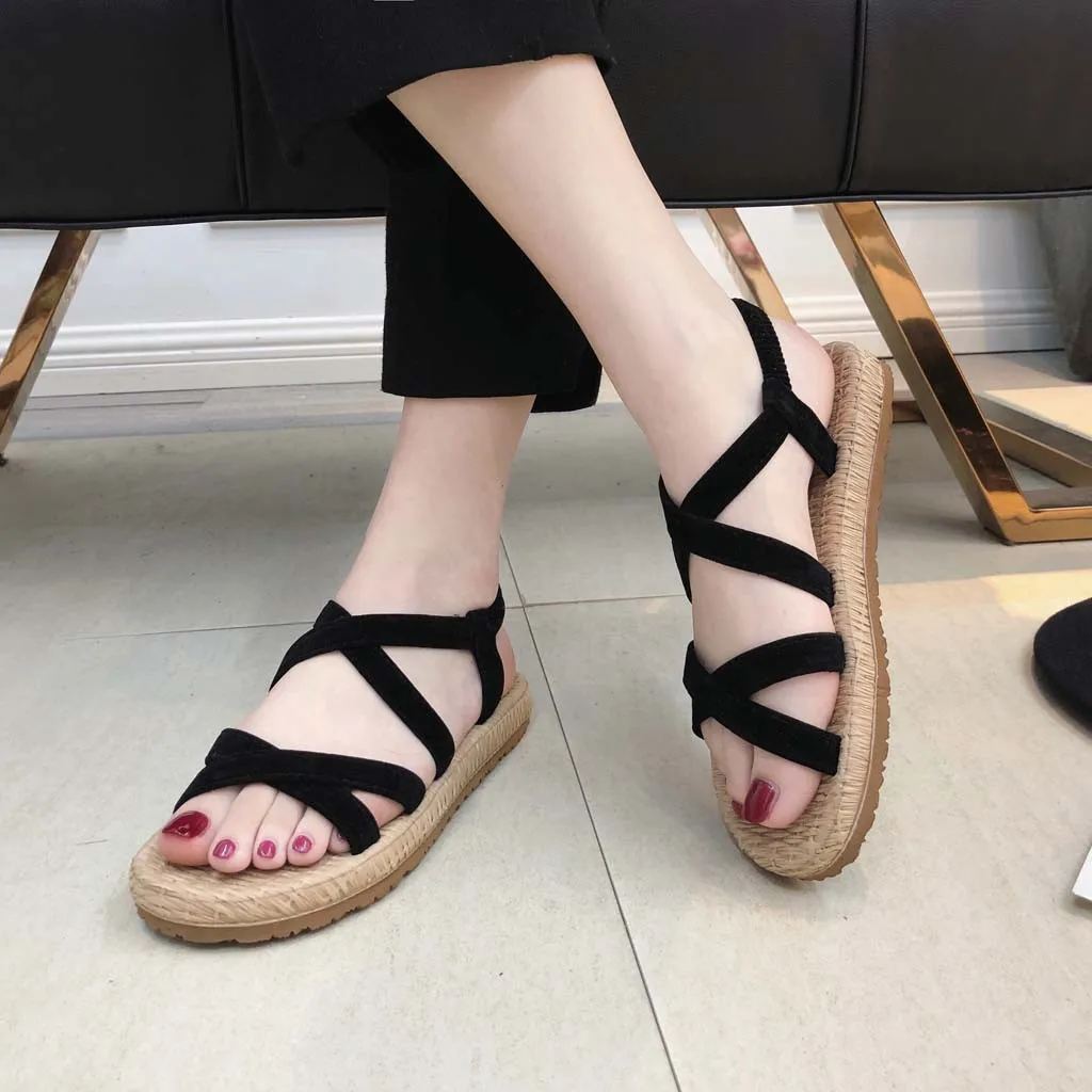 

2019 Summer Women's Sandals Solid Cross Straps Open Toe Flat Sandals Elastic Band Flip Flop Female Casual Beach Sandals