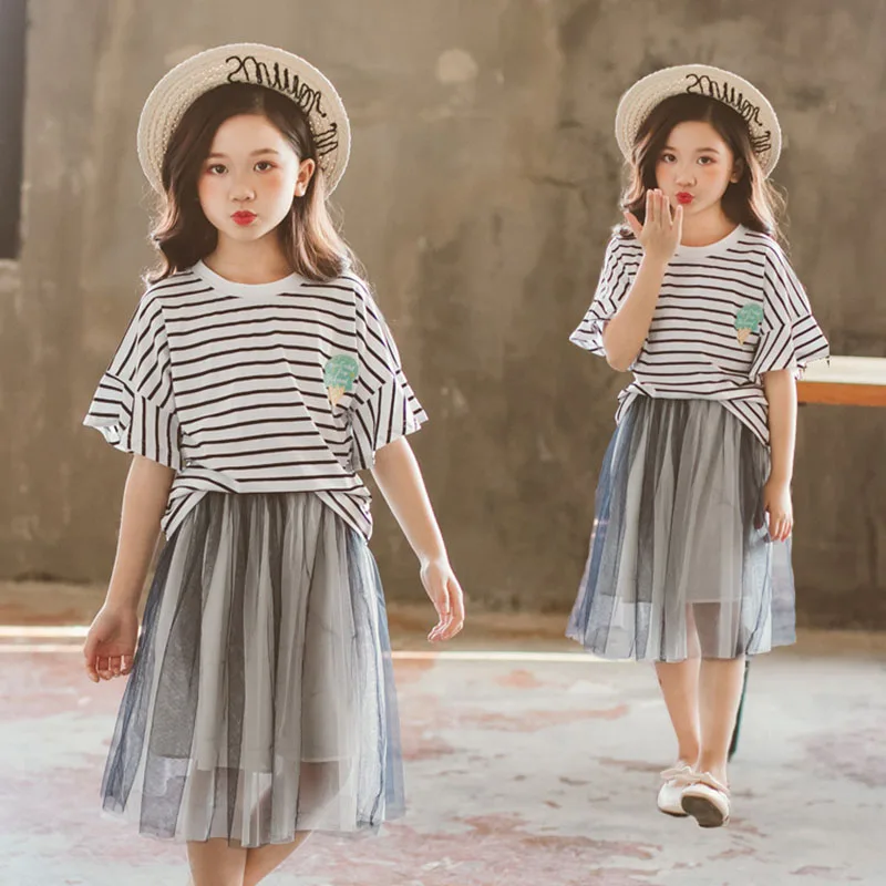 

Teen Girls Clothing Set Kids Clothes Summer Striped T Shirt Mesh Skirt Suit for Girls Outfits Children Clothes 10 12 Year