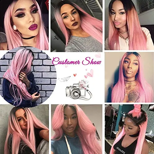 Deyngs 30inch Long Straight Ombre Light Pink Synthetic Wigs for BlackWhite Women Middle Part Wigs Dark Roots Heat Resistant Wig (5)