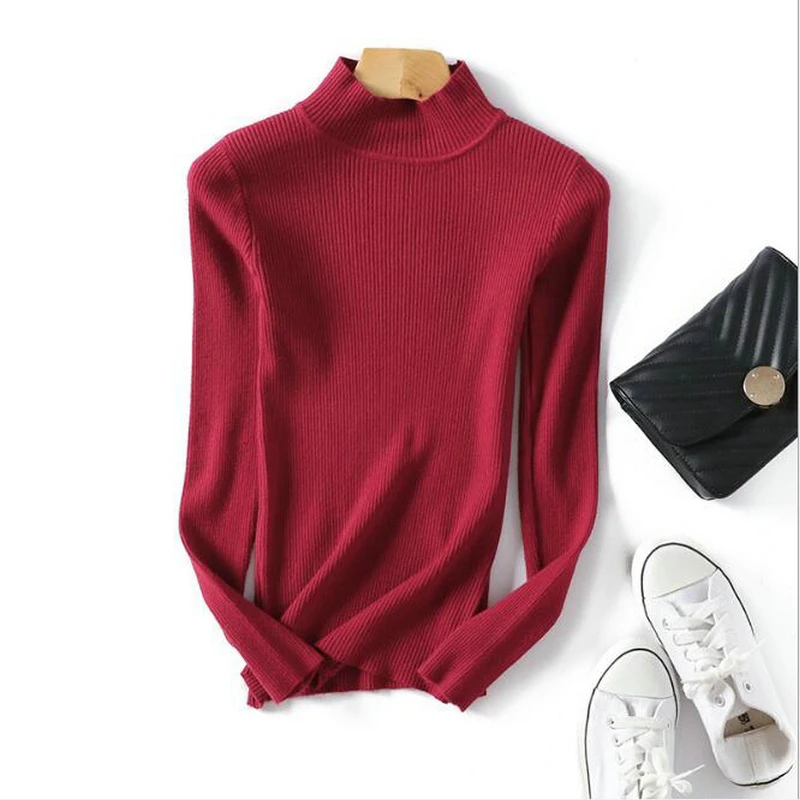 Tangada, зимний женский джемпер с высоким воротом, пуловер с длинным рукавом, стрейчевый пуловер с круглым вырезом, Женский Повседневный Мягкий Вязаный топ, Femme AQX04 - Цвет: Wine red