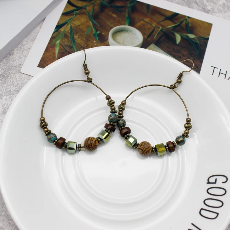 

Vintage Style Large Round Earrings Accessory Pendant Strand Wood Beads Metal Beads Natural Stone Rhinestone For Female Jewelry