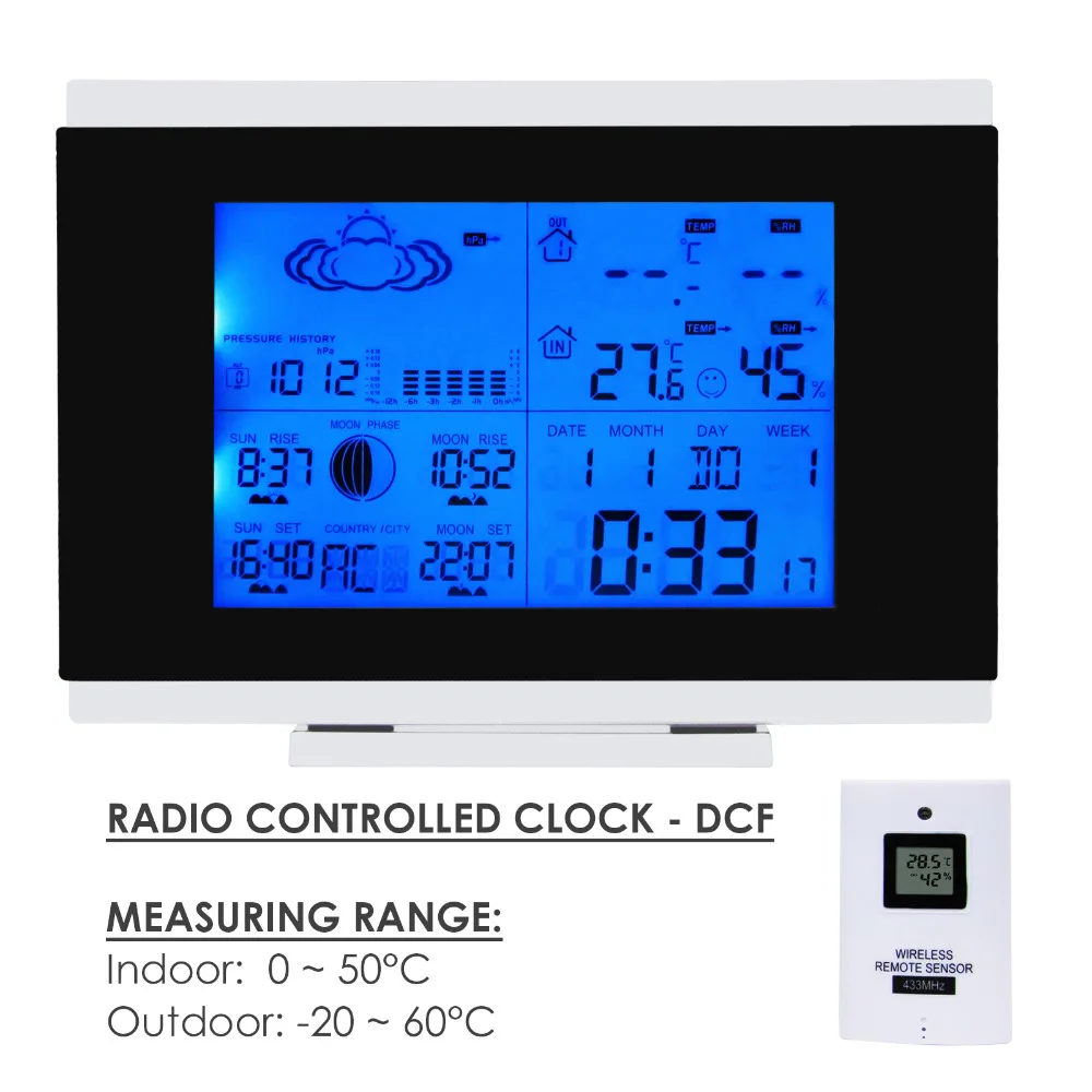 Крытый Открытый Беспроводной метеостанция Температура Влажность Дистанционный датчик Дата радиоуправляемые часы RCC DST F/C w/2 датчика s