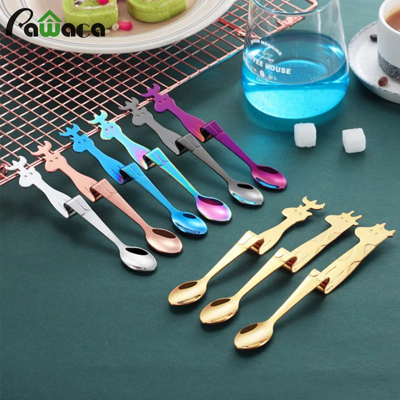 

Cute Deer Hanging Cup Tea Coffee Spoon Teaspoons Stainlss Steel Long Handle Hanging Spoon Sugar Dessert Spoons Drinking Tools