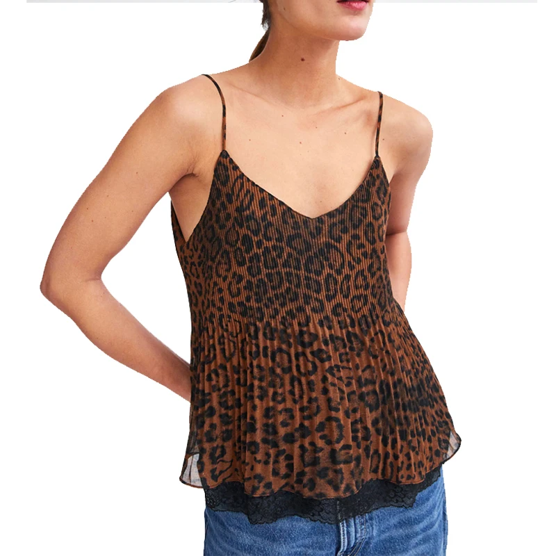 za Tank Top Women Knitted Top STRAP sexy leopard animal print Sexy lace