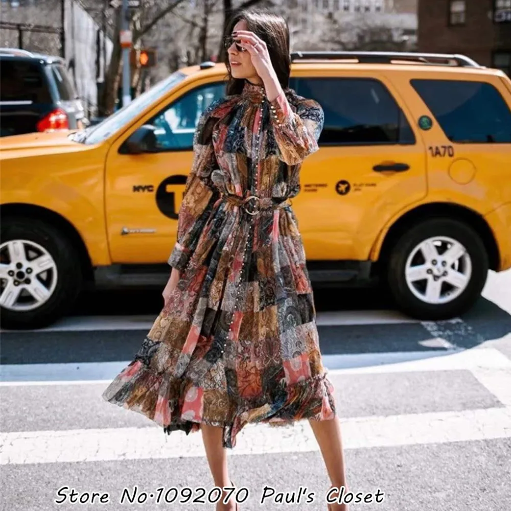 

Women Long Sleeves Front Button Closure Smock Dress In Patchwork Paisley