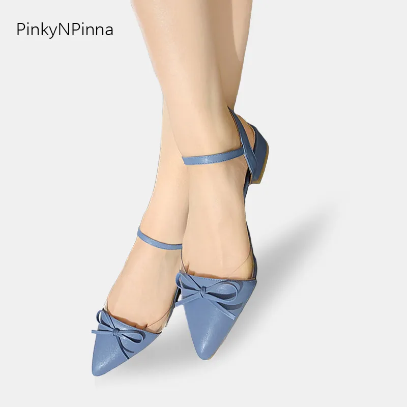 

Ladies blue sandals pointed toe chunk low heels bow tied sheepskin insole casual office women summer shoes plus size 43 42 41 40