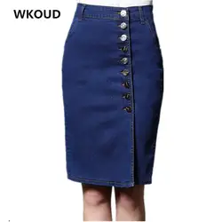 Wkoud Для женщин Высокая Талия однотонная джинсовая юбка 2018 Мода Новое поступление плюс Размеры Юбки для женщин повседневные джинсы онлайн