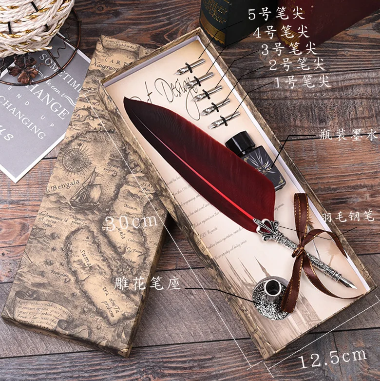 

Luxury Creative Retro Feather Pen Metal Dip Pen with Gift Box Set for Holiday Gift Student teachers' Gift Pen Set Free Shipping