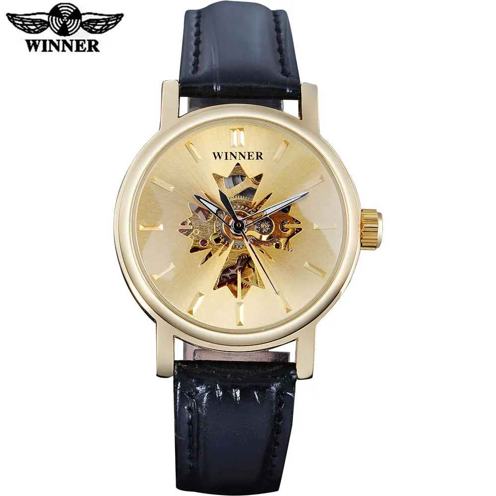 Prix pour 2017 GAGNANT célèbre marque femmes montres de luxe automatique auto vent montre squelette cadrans transparent en verre boîtier en or en cuir bande Prix pour 2017 GAGNANT célèbre marque femmes montres de luxe automatique auto vent montre squelette cadrans transparent en verre boîtier en or en cuir bande