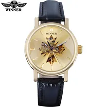 2017 GAGNANT célèbre marque femmes montres de luxe automatique auto vent montre squelette cadrans transparent en verre boîtier en or en cuir bande