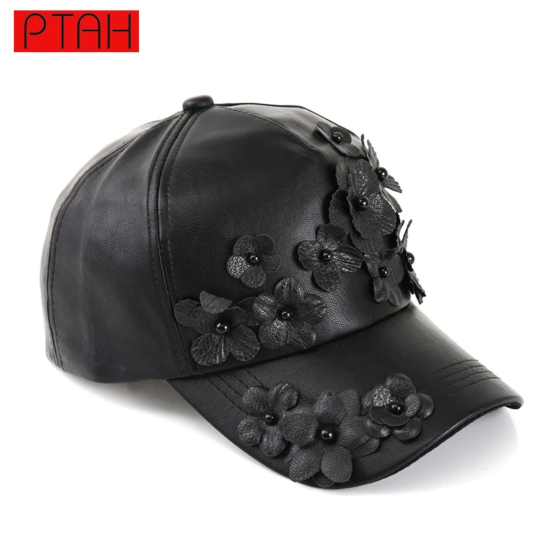 

PTAH 2017 Snapback Black Baseball Cap For Women Leather Adjustable Hip Hop Casual Cap Gorras Pattern Floral Brand Casquette