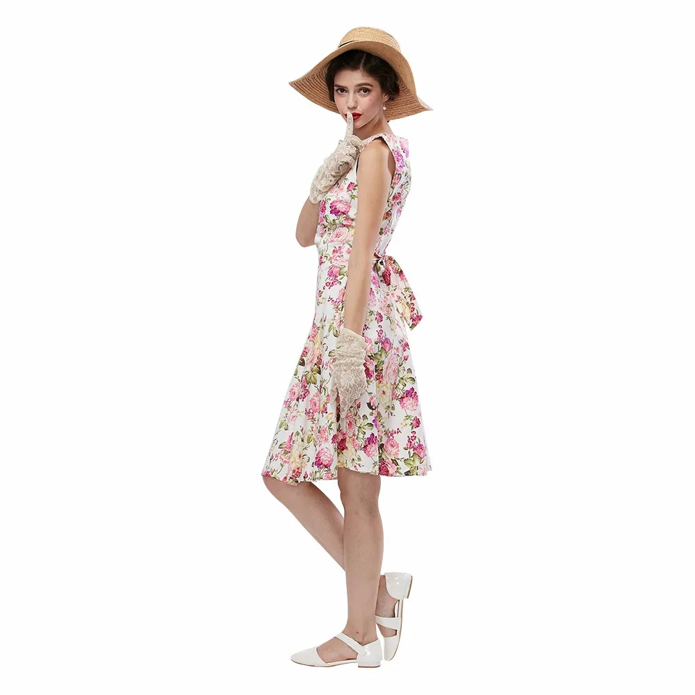 Kenancy женское цветочное винтажное платье с круглым вырезом без рукавов ремни плюс размер 4XL А-силуэт Feminino Vestidos элегантное эластичное хлопковое платье