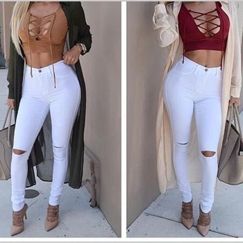 

SALSPOR Casual Women Push Up Leggings Solid Color High Waist Skinny Hollow Jeans Leggings Girls Slim Ripped Denim Pencil Pants