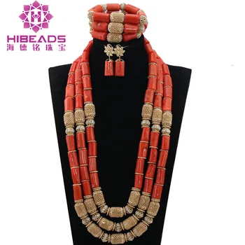 

Luxury 3 Layers Nigerian Wedding Coral Beads Jewelry Sets African Bridal Coral Necklace Bracelet Earrings Free Shipping CNR824