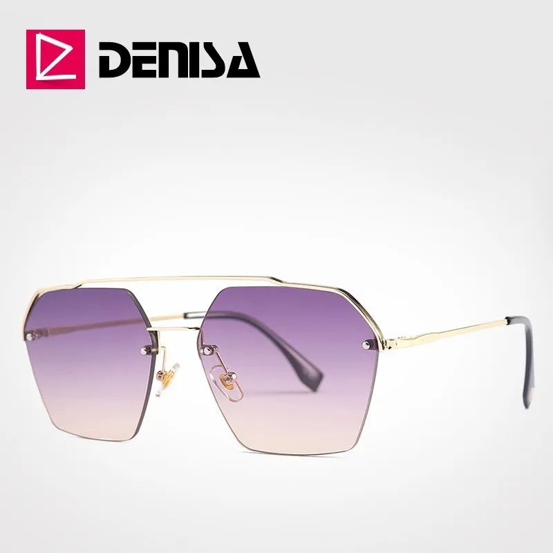 DENISA шестигранные солнцезащитные очки для девочек без оправы Солнцезащитные очки для женщин летние очки мужские роскошные очки для вождения UV400 оттенков G25034 - Цвет линз: Purple Sunglasses