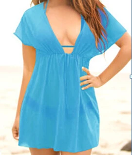 Летний женский шифоновый пляжный купальник, накидка, женское платье с v-образным вырезом, бикини, солнце, саронг, пляжная одежда, монокини - Цвет: Синий