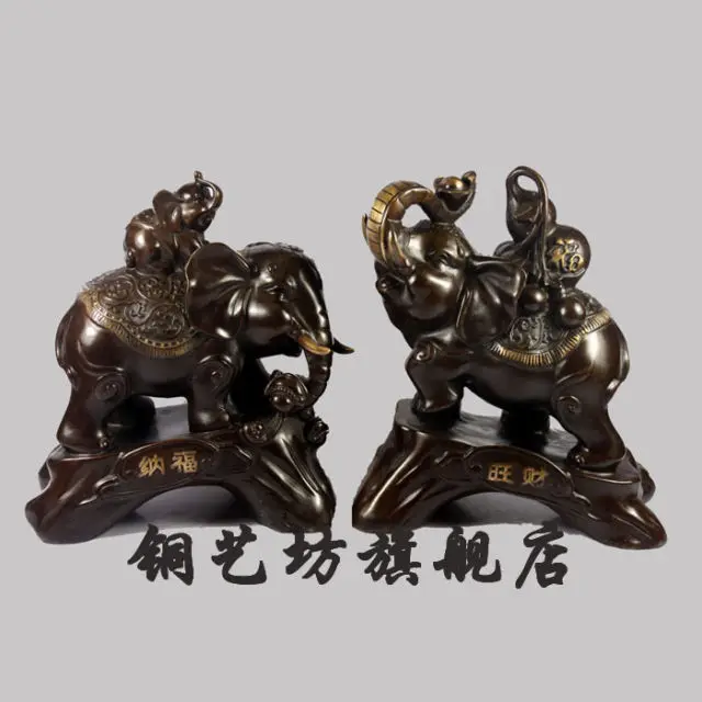 

9'' China Bronze Feng Shui Lucky Elephant Gourd baby Elephant Statue pair grosgrain ribbon summer style Decoration wedding Brass