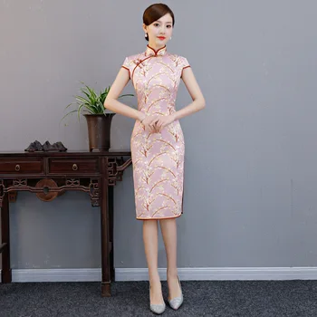 

Elegant Female Slim Knee-Length Qipao Vintage Printed Chinese Dress Big Size 3XL Rayon Stage Show Cheongsam Daily Vestidos