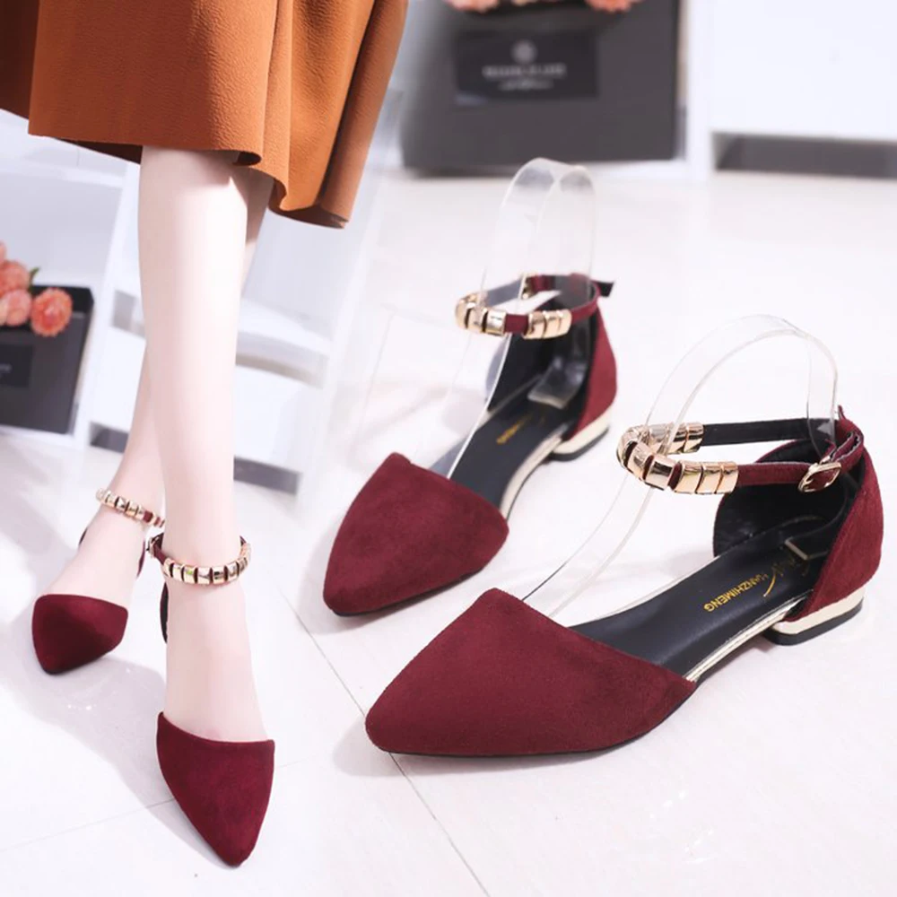 

Women Flats Golden Buckle Ankle Strap Woman Sandals Suede Ballet Shoes Casual Loafers Point Toe comfortable Low Heels