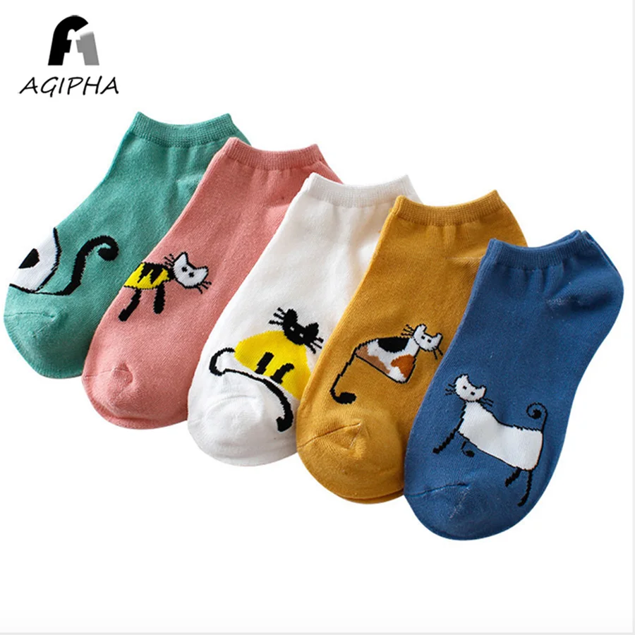 

5 Pairs/set Funny Cat Pattern Women Socks Cotton Casual Solid Color Thin Ankle Female Socks Summer Style