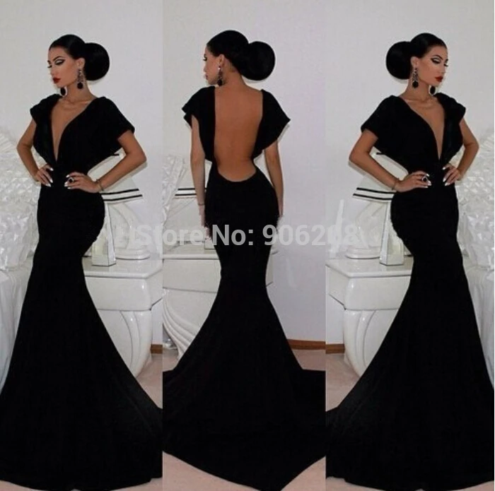 

Free Shipping Cheap Evening Dress Sexy Backless V-neck Short Sleeve Black Mermaid Long Evening Dresses with Court Train
