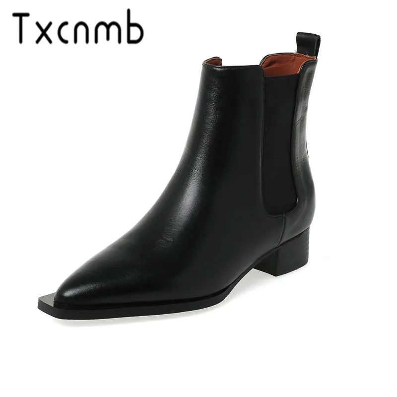 

TXCNMB New 3.5cm Square Heels Boots Women Pointed Toe Black Ladies Western Genuine Leather Ankle Boots Casual Shoes Woman