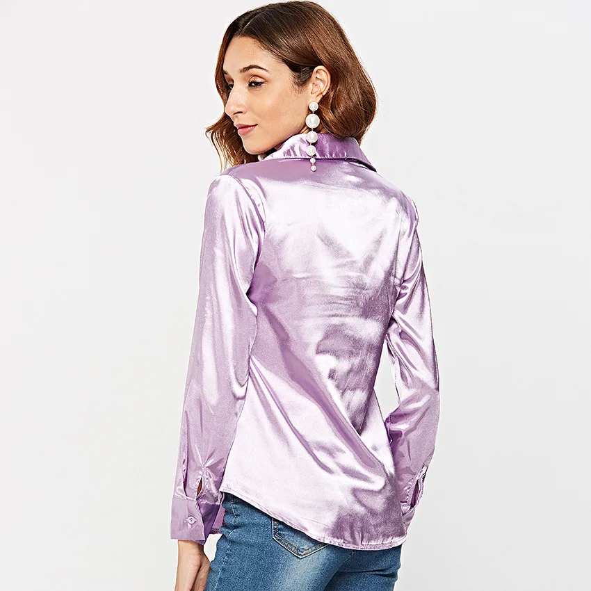 Causey Silk OL blouse shirt women Stand long sleeve button up womens tops and blouses purple chemisier femme Blouses
