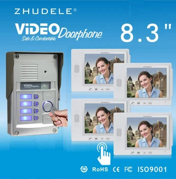 

ZHUDELE Home Intercom System for 4 apartments 8.3"Video Door Phone Touch Key Doorbell&IR HD CCD Camera w/t ID Card unlocking 1V4