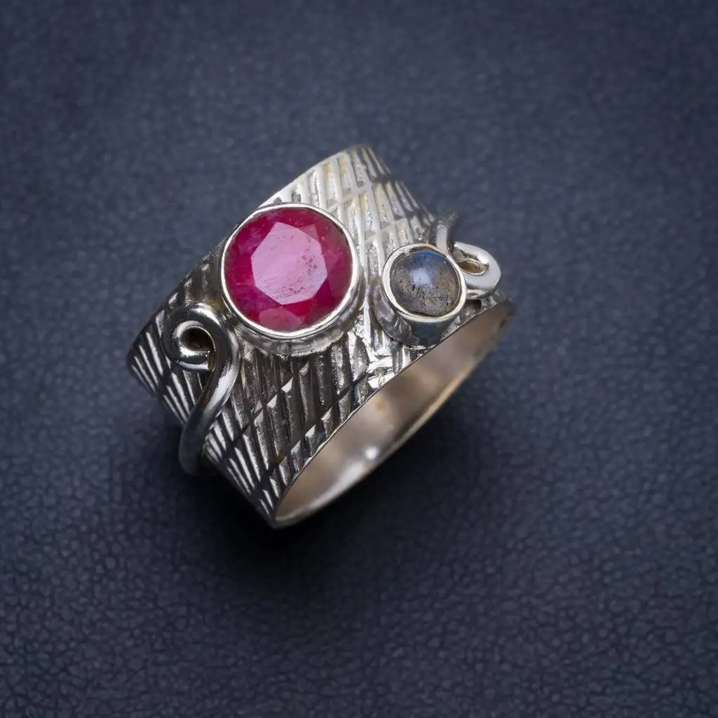 

Natural Cherry Ruby and Labradorite Handmade Unique 925 Sterling Silver Ring 7.75 Y4322