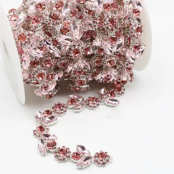 

1Yard Pink Rhinestone Chain Leaf and Sunflower Crystals Cup Chain Trim for Dress Accessories Bags Clothes Materials