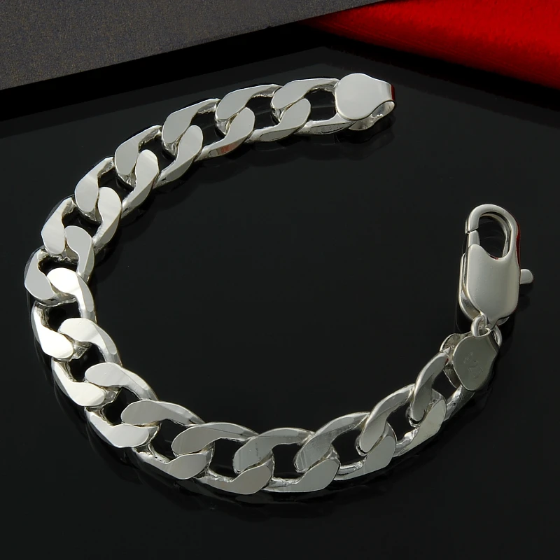 925 серебро 12 мм 8 дюймов новая мода русская цепь Runway& Link Браслеты для женщин и мужчин, серебряный мужской браслет, мужские ювелирные изделия