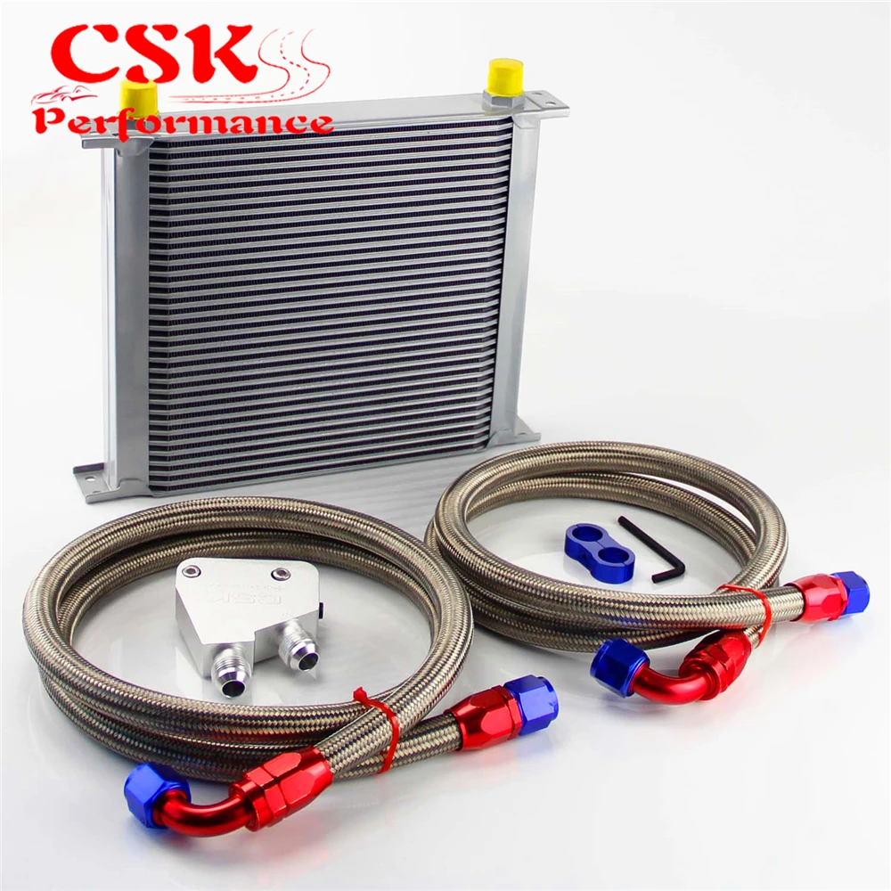 

34 Row 248mm AN10 British Oil Cooler Kit+Male Sandwich Plate Adapter Fits For LS1 LS2 LS3 VT VX VY VZ VE 5.7L Black/Silver