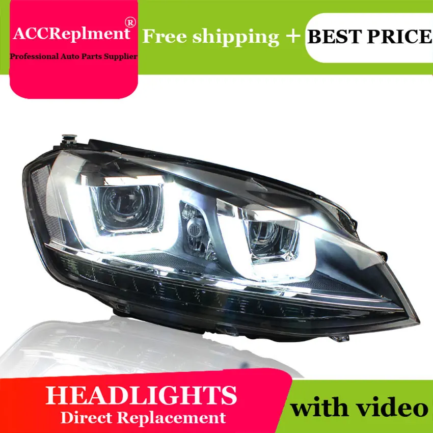 

car styling For VW GOLF 7 headlights U angel eyes 2014 For VW GOLF 7 LED light bar Q5 bi xenon lens h7 xenon projector LED Bulb