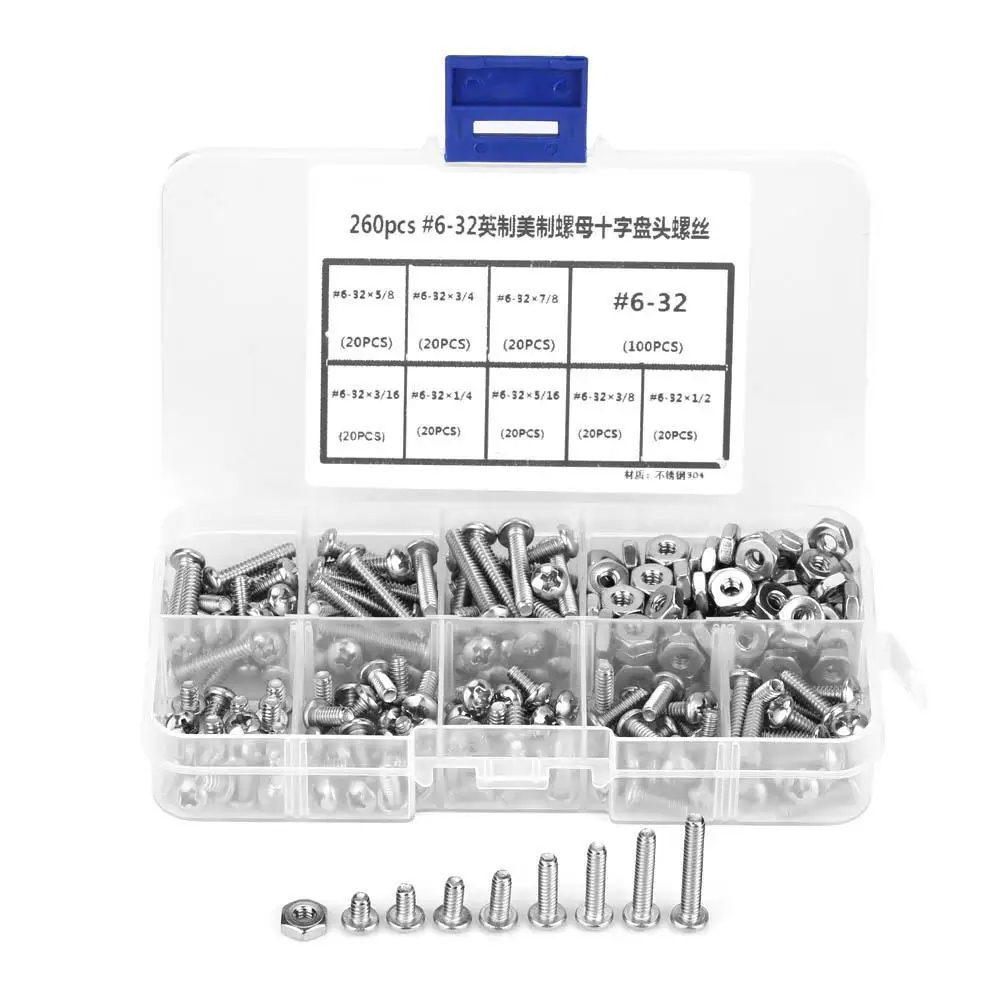 

260Pcs/Box #6-32 Stainless Steel Screws Cross Pan Head screw Assortment Kit tornillos para madera High Quality