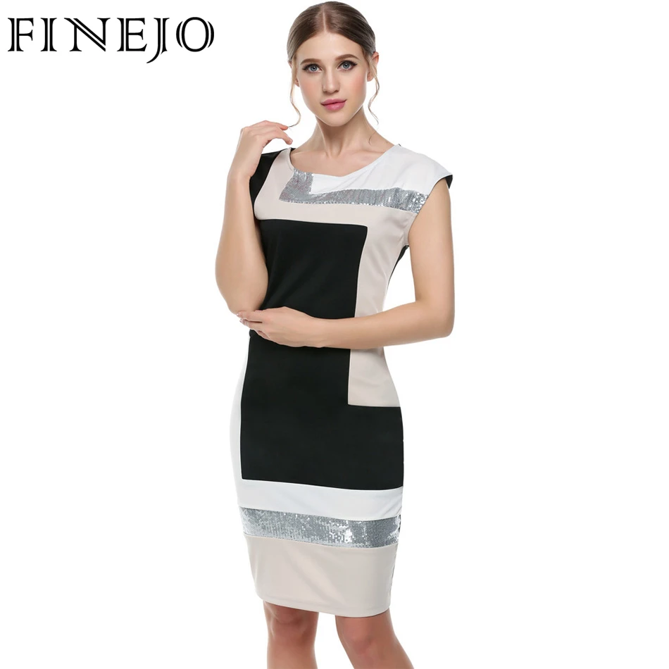 

FINEJO Women Contrast Color Party Dress M-XXXL Fashion Plus Size Geometrical Patchwork Short Sleeve O-neck Pencil Bodycon Dress