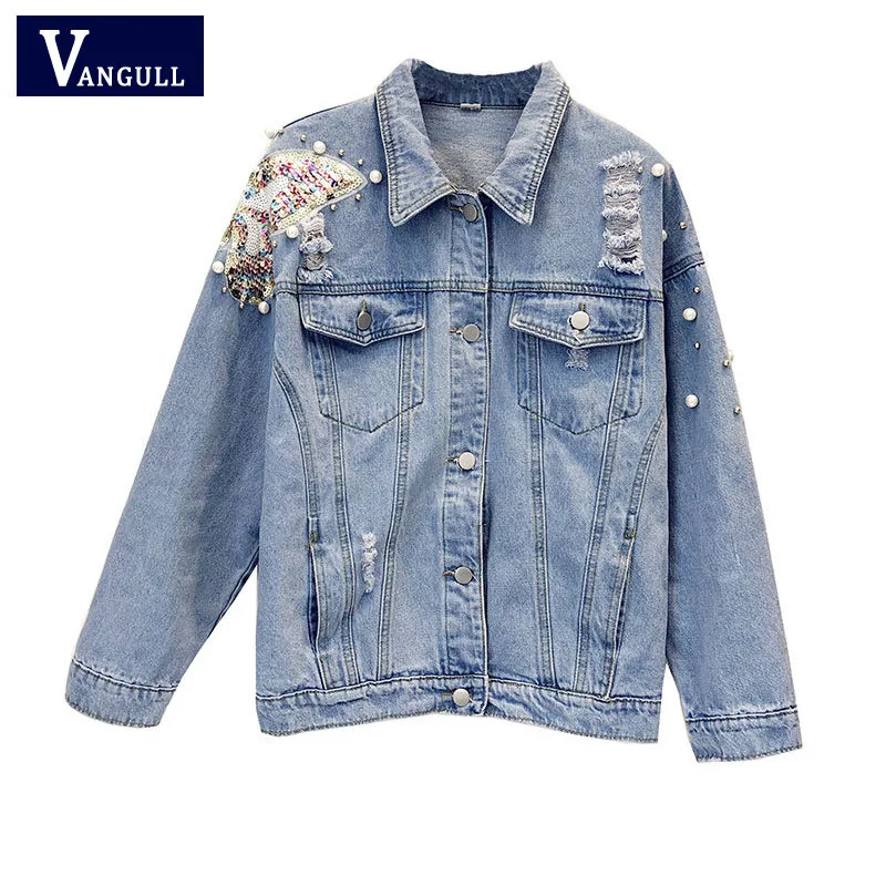 

Vangull Denim Jacket 2019 New Casual Holes Pearls Washed Sequined Regular Jackets Female Loose Coat casaco plus size XXXXXL