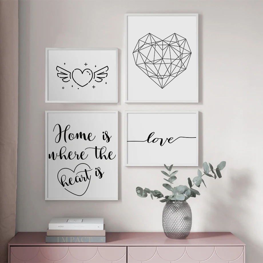 Geometric Heart Love Quotes Black White Wall Art Canvas Painting Nordic