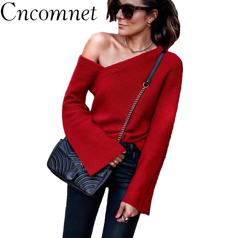 Womens Sexy Off Shoulder Sweater Ladies Winter Flare Sleeve Knitwear Solid Strapless Basic Pullover