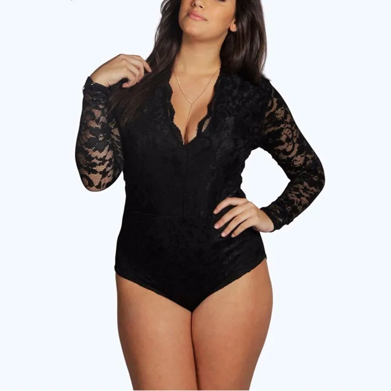 Bodysuit-Women-Fashion-Sexy-V-Neck-Long-Sleeve-Lace-Patchwork-Black-Scallop-Romper-Skinny-Jumpsuit-Plus