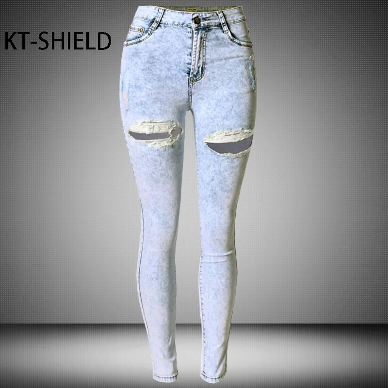 

womens ripped snowflake skinny jeans high waist pencil pants female leggings slim Elastic boyfriend casual hole denim trousers