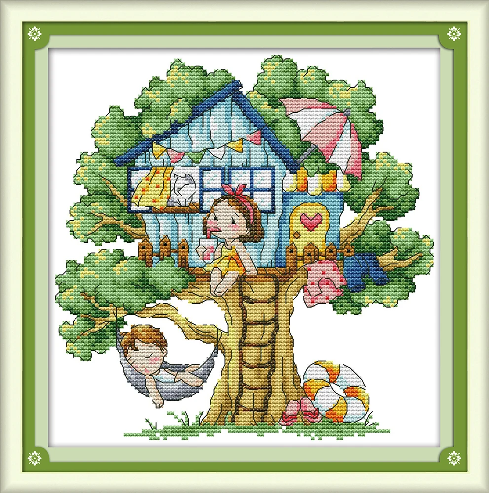 

Summer tree house cross stitch kit aida 14ct 11ct count printed canvas stitches embroidery DIY handmade needlework