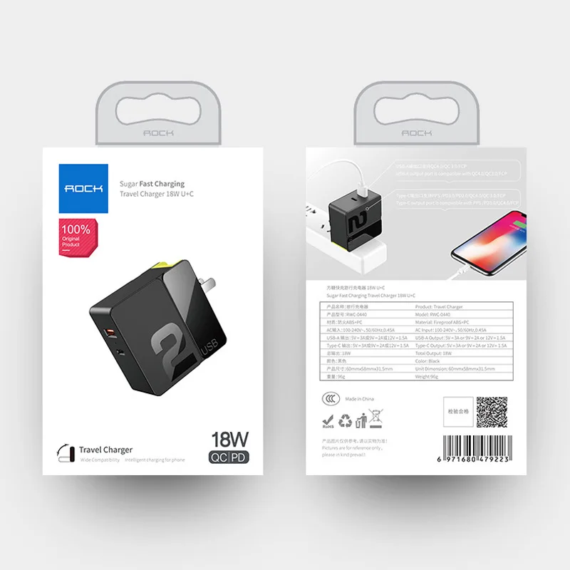 Универсальное зарядное устройство Rock 18 вт USB тип c быстрая зарядка QC3.0 PD адаптер