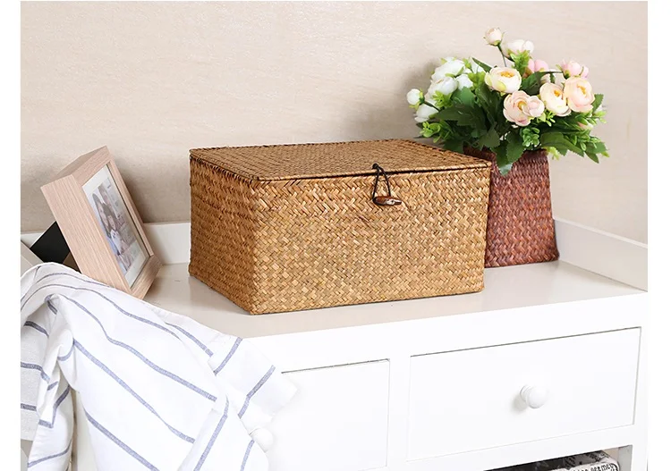 Handmade straw storage basket desktop debris covered rattan storage box home organization and storage woven basket ZP7181505