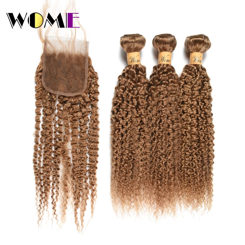 

Wome Curly Bundles With Closure #27 Honey Blonde Color Human Hair Weave 3 Bundles With 4X4 Lace Closure Double Weft Hair
