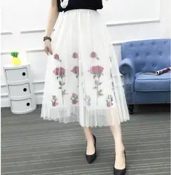 Для женщин-Line юбка мода Винтаж длинные юбки черный, белый цвет цветочный сетки с вышивкой летние богемные юбка миди