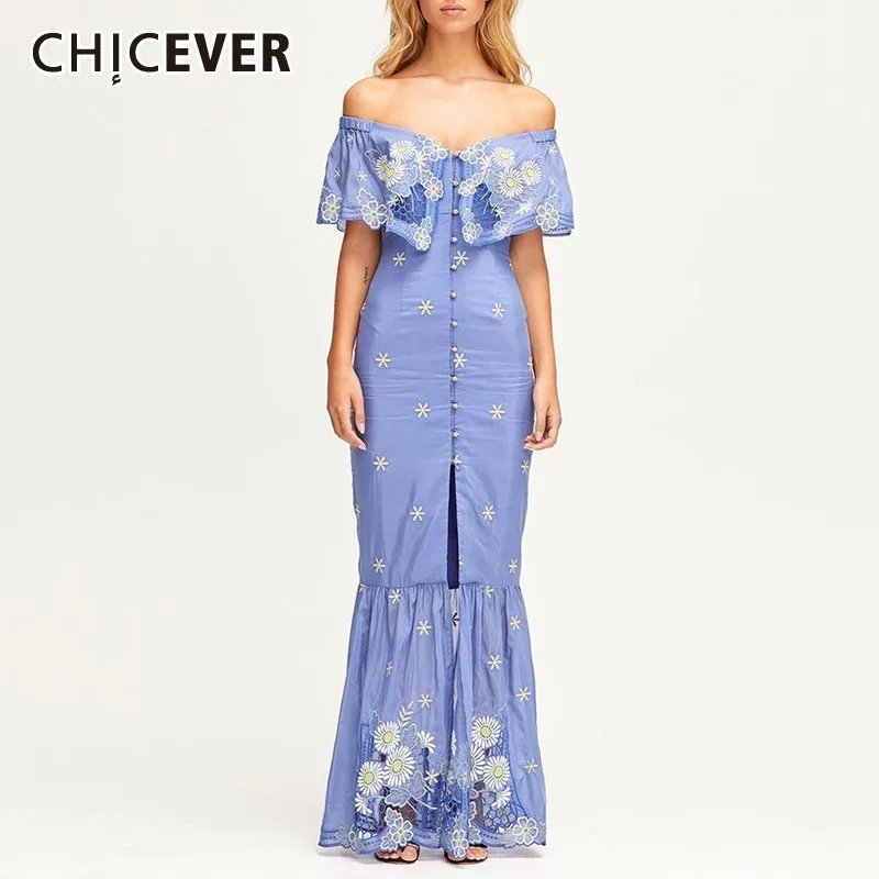 

CHICEVER Summer Elegant Embroidery Print Dress For Women Slash Neck Off Shoulder Button High Waist Mermaid The Dresses 2019 New