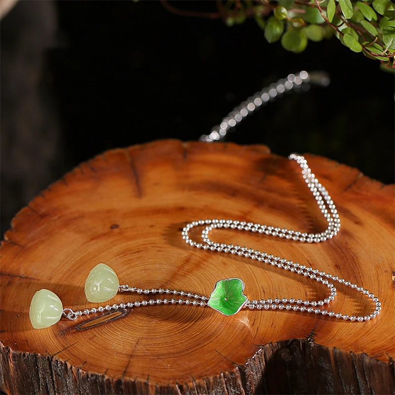 

INALIS Jade Pendant Clavicle Chain 2019 New 925 Sterling Silver Necklace Retro Temperament Personality Creative Cloisonne Lotus