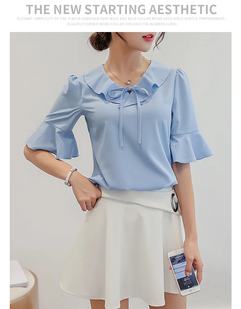 Новинка, Женская Повседневная шифоновая блузка с коротким рукавом, модные корейские топы, элегантная женская одежда, летняя уличная одежда, женская синяя рубашка