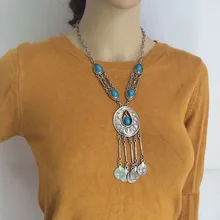 Boho Gypsy Gem Hollow Drop Coin Fringe Choker Necklace Bohemian Turkish Ethnic Tribal Party Jewelry stylish coin fringe metal choker necklace